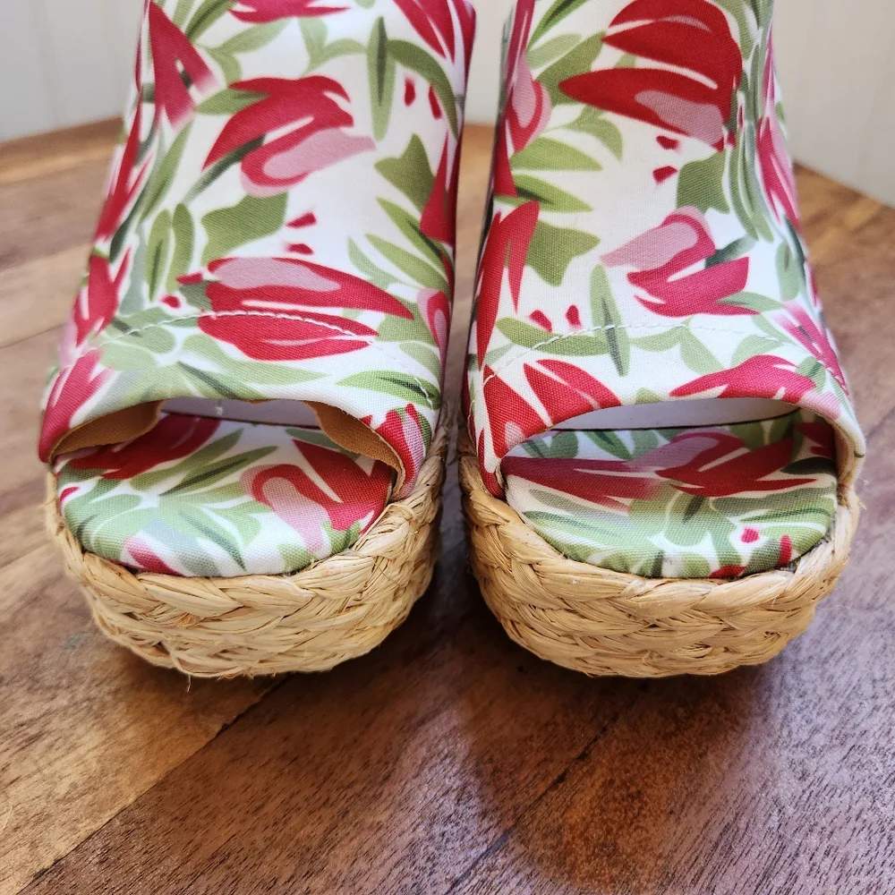 LULUS Ervyn Paradise Tropical Print Raffia Espadrille Platform Slide Sandals 7.5